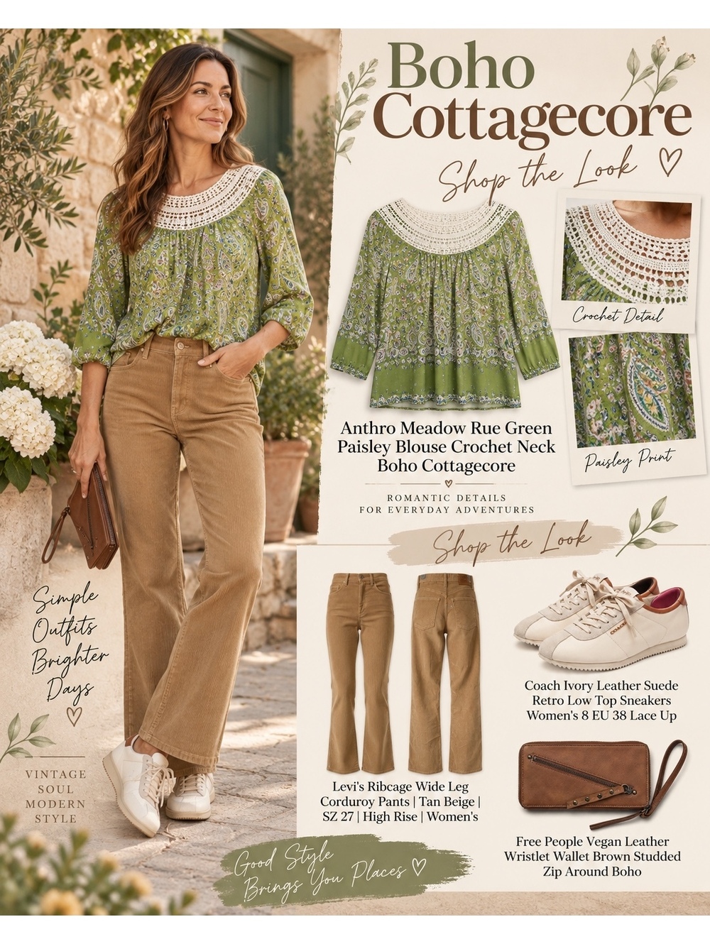 Anthropologie meadow rue green paisley boho crochet blouse